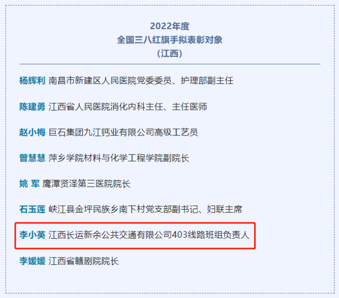 新余公交：李小英入選全國(guó)三八紅旗手