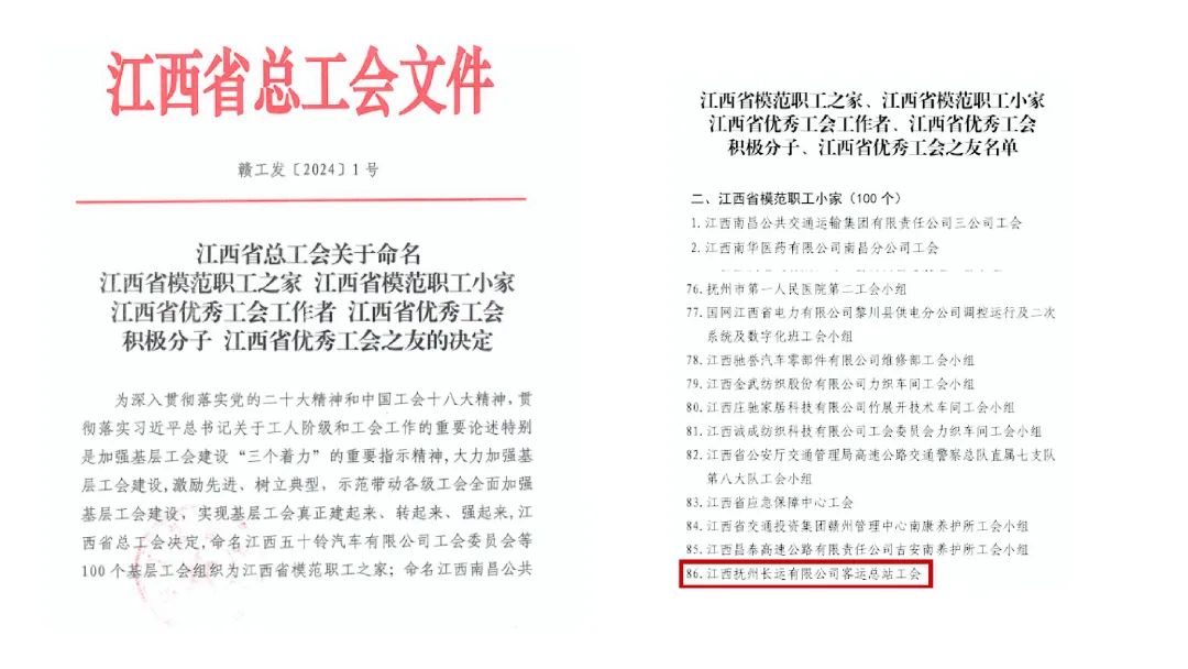 撫州長運(yùn)：客運(yùn)總站工會被命名為“江西省模范職工小家”